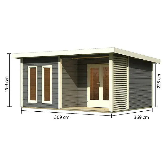 Karibu Gartenhaus Radeburg 5 - Außenmaß inkl. Dachüberstand (B x T): 560 x 422 cm, Holz, Terragrau - Abbildung eines modernen Gartenhauses mit Flachdach, hellgrauer Holzverkleidung und weißen Akzenten. Die Maße des Hauses sind angegeben.