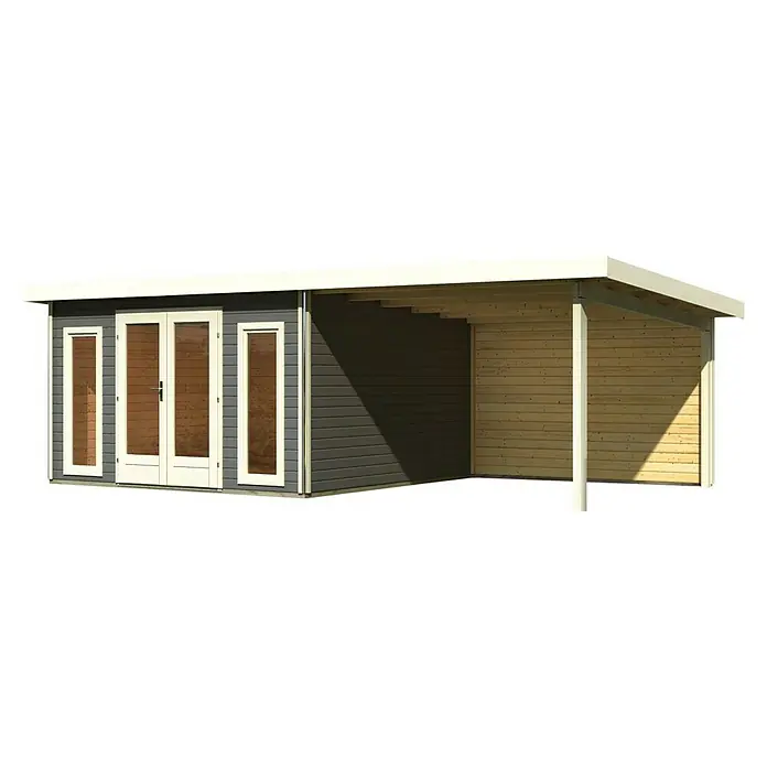 Karibu Gartenhaus Radeburg 3 - Außenmaß inkl. Dachüberstand (B x T): 724 x 393 cm, Holz, Terragrau, Mit Seitendach und Rückwand - Ein modernes Gartenhaus mit großzügigen Fensterflächen und einem überdachten Anbau für entspannte Stunden im Freien.