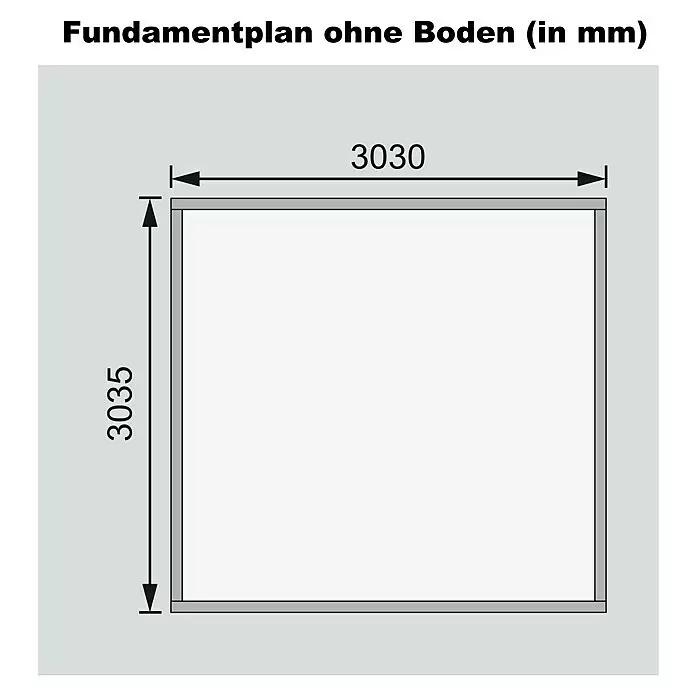 Karibu Gartenhaus Northeim 3 - Außenmaß inkl. Dachüberstand (B x T): 358 x 360 cm, Holz, Terragrau, Ohne Seitendach - Fundamentplan ohne Boden, Maße 3030mm x 3035mm.