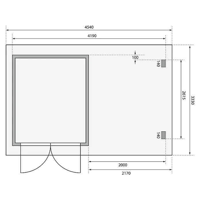 Karibu Gartenhaus Bastrup 4 - Außenmaß inkl. Dachüberstand (B x T): 454,5 x 333 cm, Holz, Natur, Mit Seitendach und Rückwand - Grundrissansicht eines Hauses mit detaillierten Abmessungen und Raumaufteilung für Architekten oder Bauherren.