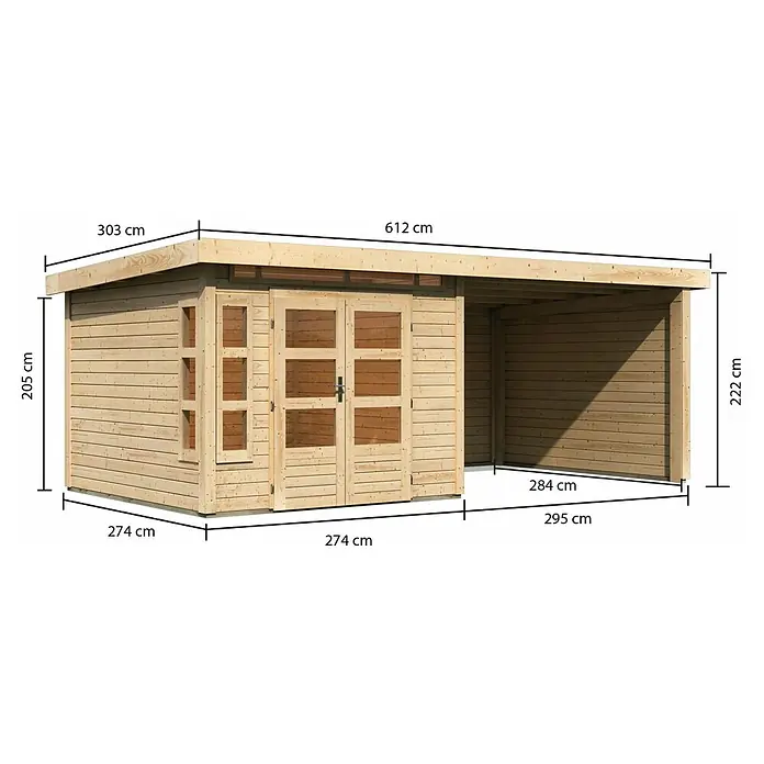 Karibu Gartenhaus Kastorf 6 - Außenmaß inkl. Dachüberstand (B x T): 612 x 303 cm, Holz, Natur, Mit Seitendach, Rück- und Seitenwand - Abmessungen des Holzgartenhauses mit Anbau, dargestellt in Zentimetern. Das Haus bietet zusätzlichen Stauraum.