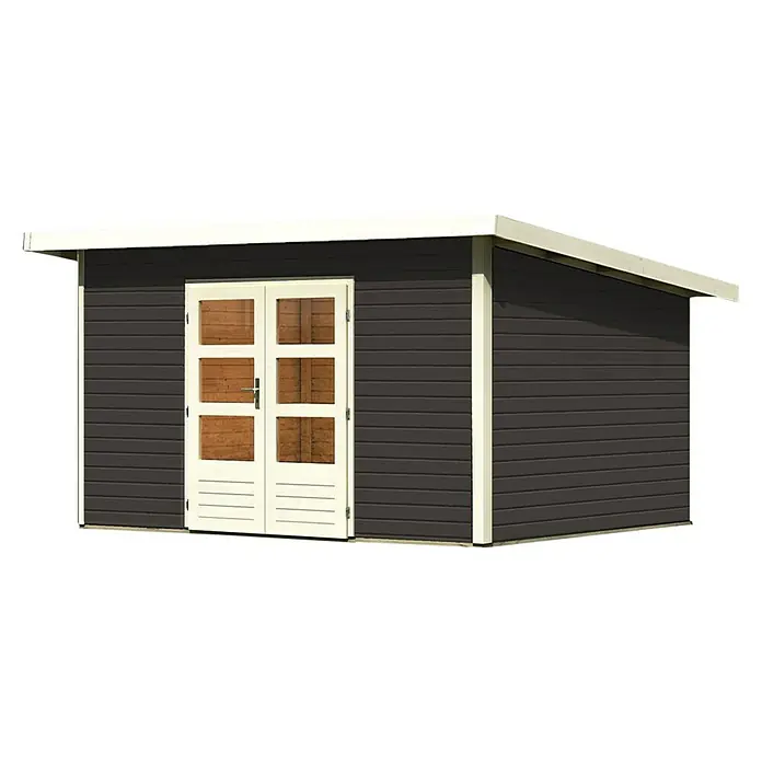 Karibu Gartenhaus Northeim 4 - Außenmaß inkl. Dachüberstand (B x T): 406 x 331,5 cm, Holz, Terragrau - Gartenschuppen mit Doppeltür und Holzverkleidung. Der Schuppen ist dunkelgrau mit weißen Akzenten und bietet Stauraum für den Garten.
