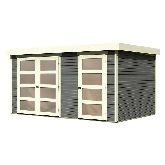Karibu Gartenhaus Mühlentrup 2 - Außenmaß inkl. Dachüberstand (B x T): 428 x 310 cm, Holz, Terragrau - Ein graues Gartenhaus mit einer Doppeltür und einer Einzeltür, beide mit Glasscheiben, bietet stilvollen Stauraum im Freien.