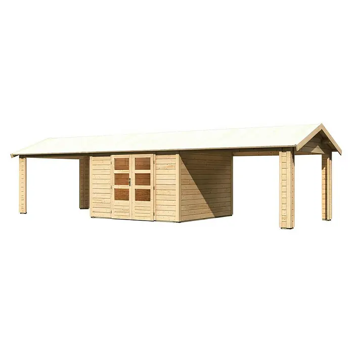Karibu Gartenhaus Theres - Außenmaß inkl. Dachüberstand (B x T): 947 x 348 cm, Holz, Natur - Das Bild zeigt ein Holzgartenhaus mit einem Vordach, das zusätzlichen Schutz bietet. Die Holztüren sind mit Fenstern versehen.