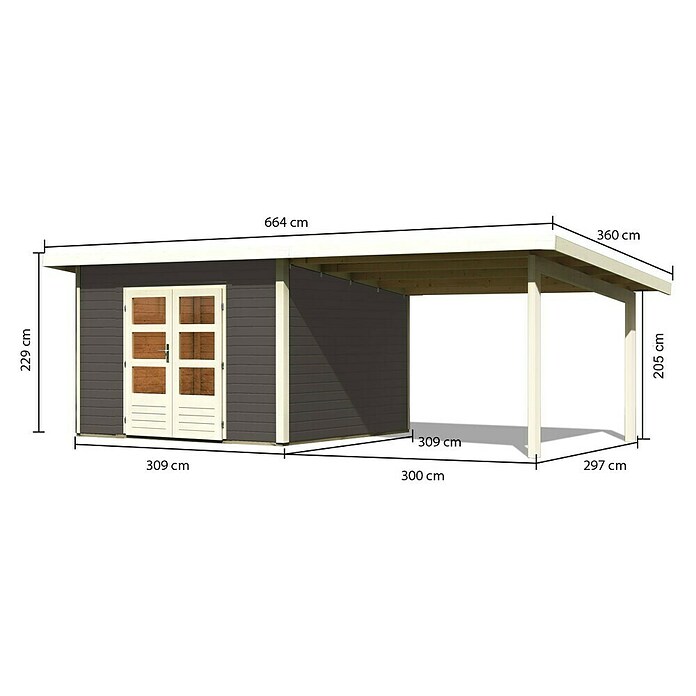 Karibu Gartenhaus Northeim 3 (Außenmaß inkl. Dachüberstand (B x T): 664 x 331,5 cm, Holz, Terragrau, Mit Seitendach) | BAUHAUS