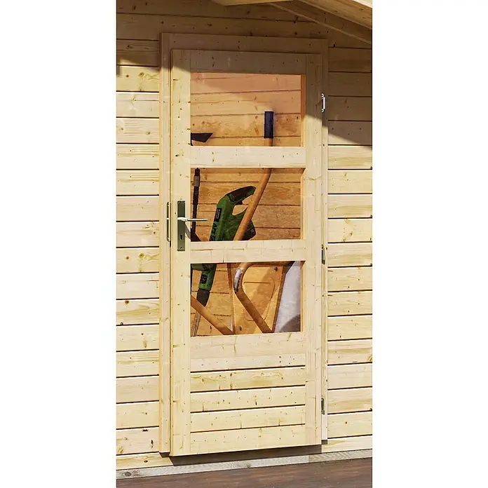 Karibu Gartenhaus Lagor - Außenmaß inkl. Dachüberstand (B x T): 468 x 390 cm, Holz, Natur - Holztür mit transparenten Abschnitten und Werkzeugen im Hintergrund. Ideal für Gartenhäuser und Werkstätten, robust und praktisch.