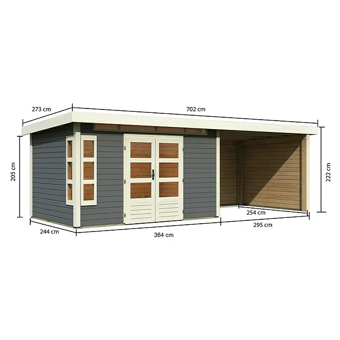 Karibu Gartenhaus Kastorf 7 - Außenmaß inkl. Dachüberstand (B x T): 702 x 273 cm, Holz, Terragrau, Mit Seitendach, Rück- und Seitenwand - Abbildung eines Gartenhauses mit den Maßen 273 cm x 244 cm und einer Höhe von 205 cm, sowie einem Anbau von 702 cm Länge.