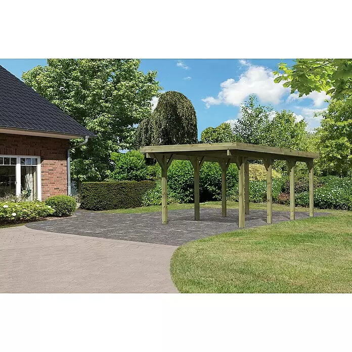 Karibu Carport Classic 2Außenmaß inkl. Dachüberstand (B x T): 3,18 x 6,7 m, Einzelcarport, Naturbelassen, Farbe Dach: Grau, Ohne Einfahrtsbogen