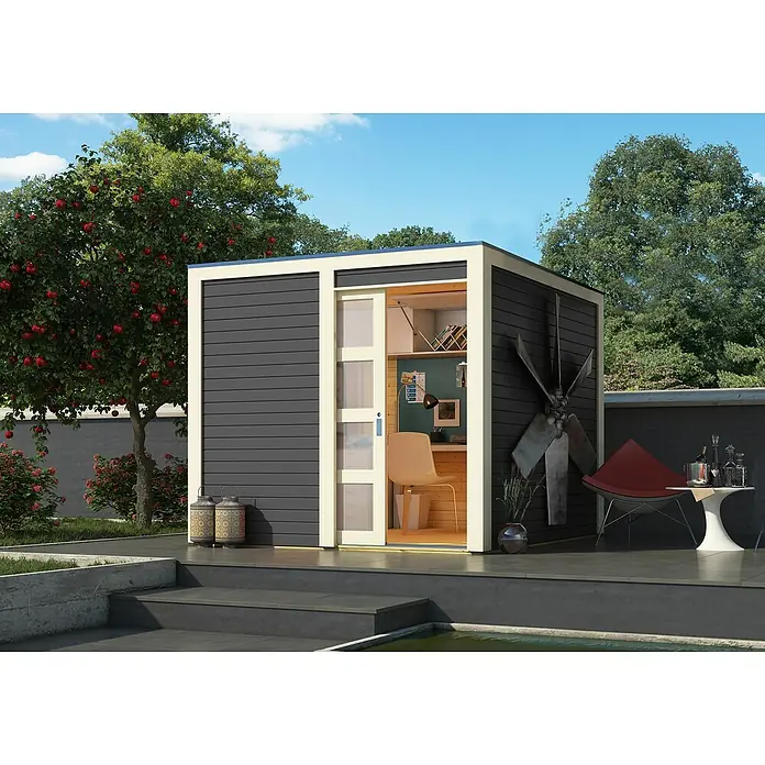 Karibu Gartenhaus Qubic 1Außenmaß inkl. Dachüberstand (B x T): 246 x 246 cm, Holz, Terragrau - Ein modernes Gartenbüro mit Schiebetür, dunkler Holzverkleidung und weißen Rahmen. Es bietet einen stilvollen Arbeitsplatz im Freien.