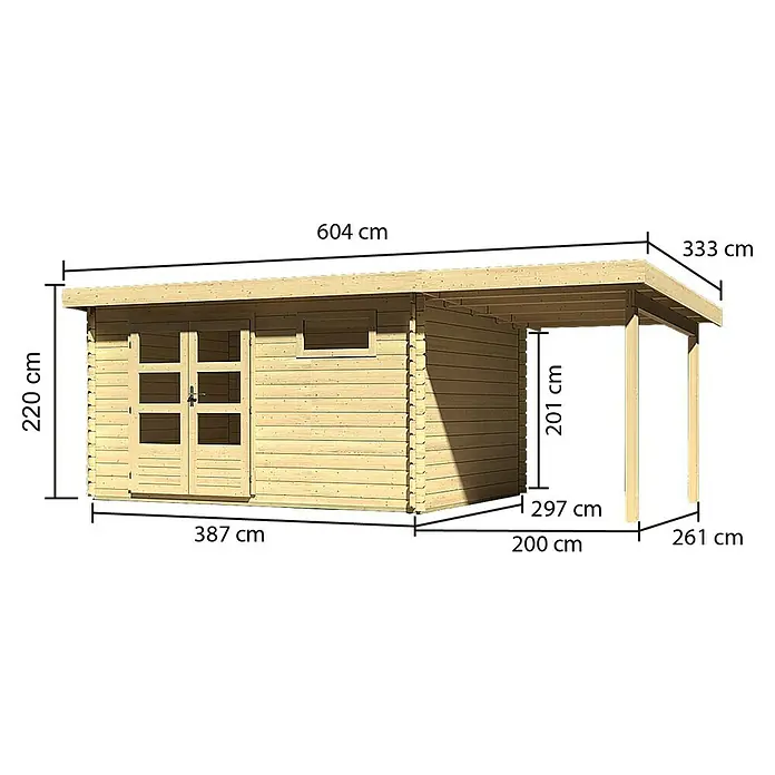Karibu Gartenhaus Bastrup 8 - Außenmaß inkl. Dachüberstand (B x T): 604 x 333 cm, Holz, Natur, Mit Seitendach - Ansicht des Holzblockhaus mit den Massangaben, die die Höhe, Länge und Breite des Produkts angeben.