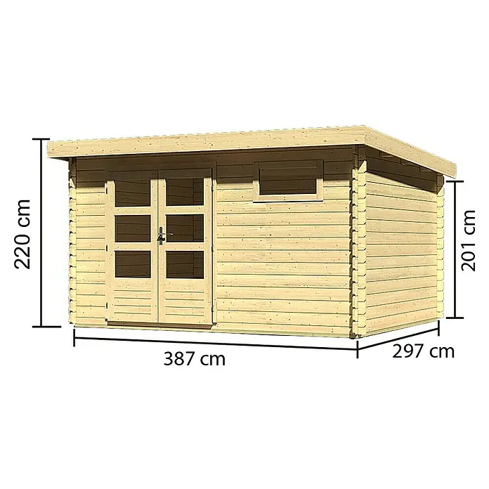 Karibu Gartenhaus Bastrup 8 - Außenmaß inkl. Dachüberstand (B x T): 405 x 333 cm, Holz, Natur - Abbildung eines Gartenhauses aus Holz mit den Maßen 387 cm x 297 cm und einer Höhe von 220 cm bzw. 201 cm.