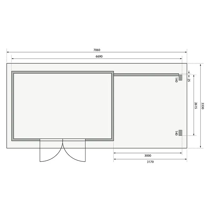 Karibu Gartenhaus Trittau 5 - Außenmaß inkl. Dachüberstand (B x T): 706 x 333 cm, Holz, Natur, Mit Seitendach & Rückwand - Grundrisszeichnung eines Gebäudes mit detaillierten Maßangaben, die die architektonische Gestaltung und Abmessungen hervorheben.