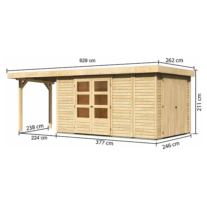 Karibu Gartenhaus Retola 6 - Außenmaß inkl. Dachüberstand (B x T): 629 x 262 cm, Holz, Natur - Abmessungen des Gartenhauses mit Carport. Die Gesamtbreite beträgt 629 cm, die Tiefe 262 cm und die Höhe 211 cm.