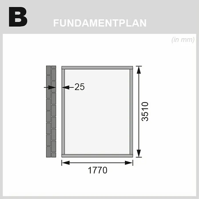 Karibu Gartenhaus Wandlitz 4 - Außenmaß inkl. Dachüberstand (B x T): 200 x 408 cm, Holz, Terragrau - Fundamentplan mit den Maßen 1770 x 3510 mm, Wandstärke 25 mm, dargestellt in einer technischen Zeichnung.