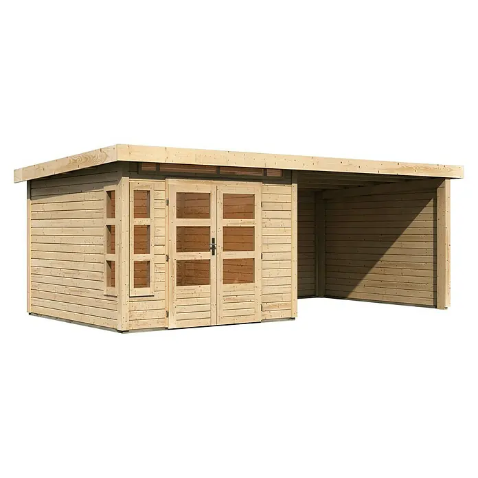 Karibu Gartenhaus Kastorf 6 - Außenmaß inkl. Dachüberstand (B x T): 612 x 303 cm, Holz, Natur, Mit Seitendach, Rück- und Seitenwand - Moderne Gartenlaube aus Holz mit Doppeltür und seitlichem Anbau, ideal für den Garten.