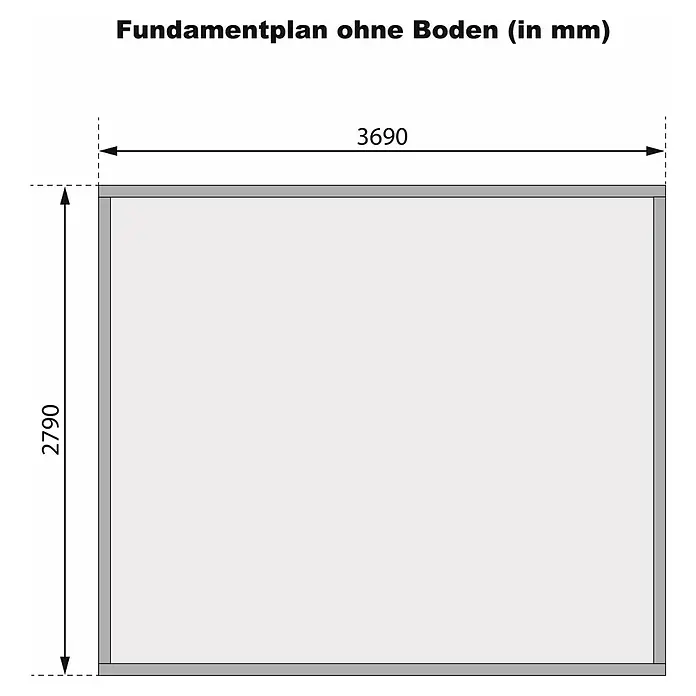 Karibu Gartenhaus Trittau 5 - Außenmaß inkl. Dachüberstand (B x T): 406 x 333 cm, Holz, Natur - Fundamentplan ohne Boden mit den Maßen 3690 mm Breite und 2790 mm Höhe in Millimetern.