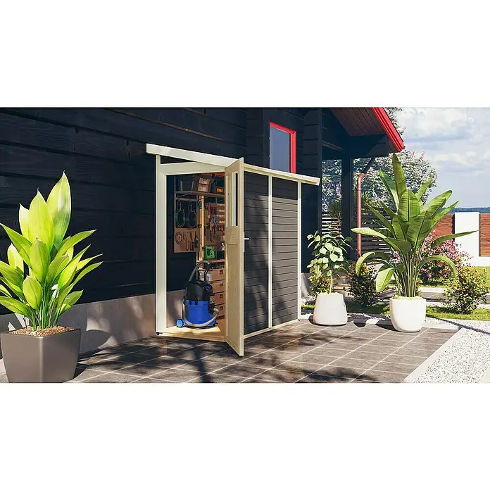 Karibu Gartenhaus GörlitzAußenmaß inkl. Dachüberstand (B x T): 117 x 217 cm, Holz, Terragrau - Die Abbildung zeigt einen geräumigen Gartenschrank mit geöffneter Tür, in dem Werkzeuge und ein Staubsauger aufbewahrt werden, was für Ordnung sorgt.