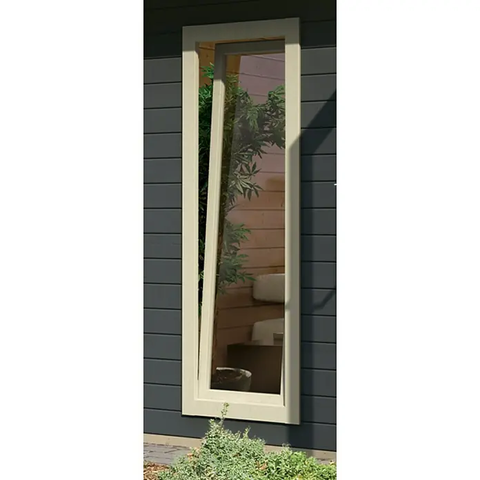 Karibu Gartenhaus Radeburg 5 - Außenmaß inkl. Dachüberstand (B x T): 560 x 422 cm, Holz, Terragrau - Ein schmaler Fensterrahmen mit Blick auf Pflanzen und eine Treppe verleiht dem Raum eine natürliche und einladende Note.