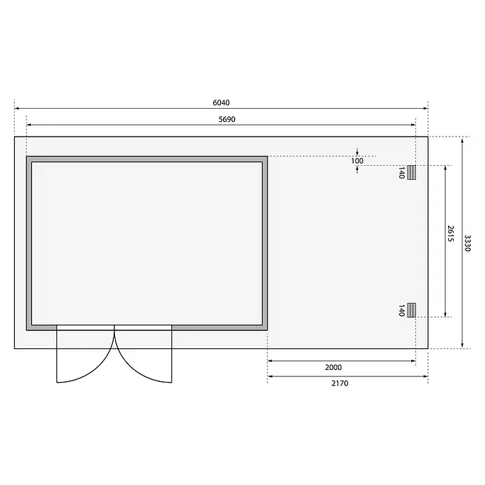 Karibu Gartenhaus Bastrup 8 - Außenmaß inkl. Dachüberstand (B x T): 604 x 333 cm, Holz, Natur, Mit Seitendach - Grundrisszeichnung eines Gebäudes mit detaillierten Maßangaben und architektonischen Elementen, die einen klaren Überblick bietet.