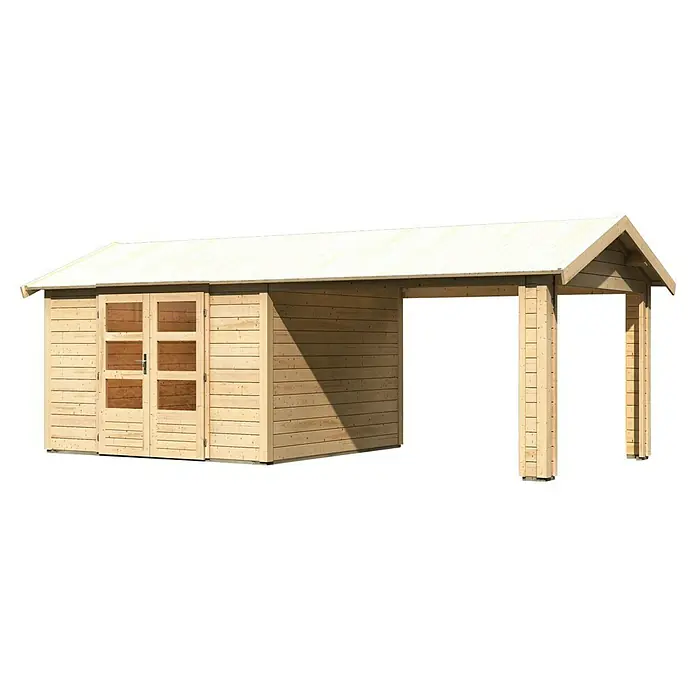 Karibu Gartenhaus Theres - Außenmaß inkl. Dachüberstand (B x T): 648 x 348 cm, Holz, Natur - Geräumiges Holzgartenhaus mit integriertem Carport, ideal für zusätzlichen Stauraum und Wetterschutz im Außenbereich.