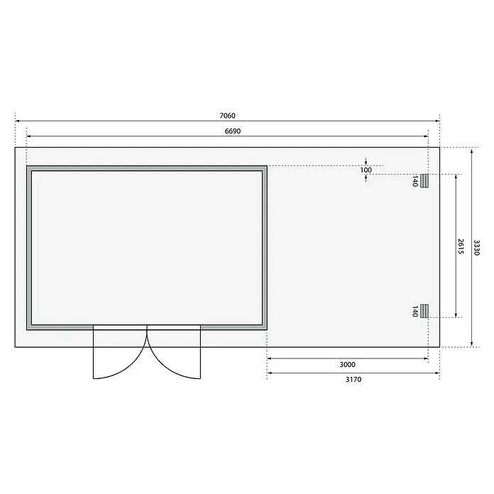 Karibu Gartenhaus Trittau 5 - Außenmaß inkl. Dachüberstand (B x T): 706 x 333 cm, Holz, Natur, Mit Seitendach, Rück- & Seitenwand - Draufsicht des Grundrisses eines Gebäudes mit Maßangaben. Die architektonische Zeichnung zeigt die Abmessungen des Gebäudes.