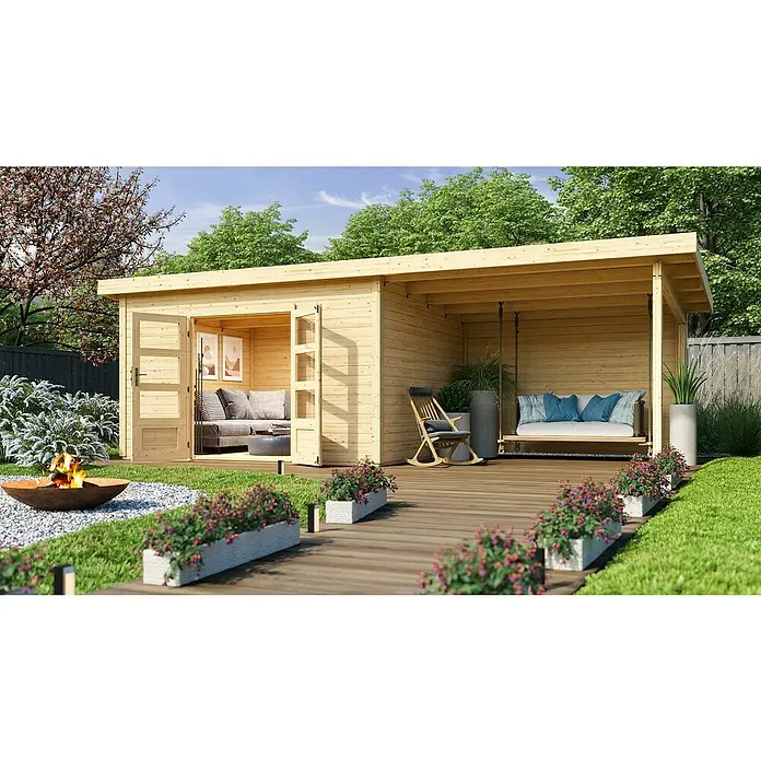 Karibu Gartenhaus Northeim 4 - Außenmaß inkl. Dachüberstand (B x T): 724 x 331,5 cm, Holz, Natur, Mit Seitendach und Rückwand - Die Abbildung zeigt ein modernes Gartenhaus aus Holz mit einem offenen Terrassenbereich, ideal für Entspannung im Freien.