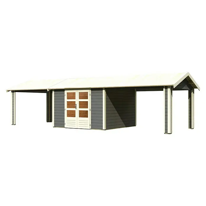 Karibu Gartenhaus Theres - Außenmaß inkl. Dachüberstand (B x T): 947 x 348 cm, Holz, Terragrau - Das Bild zeigt ein Gartenhaus mit Doppeltür und überdachten Seitenbereichen. Das Häuschen ist grau mit weißen Akzenten.