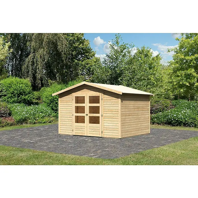 Karibu Gartenhaus Amberg 5Außenmaß inkl. Dachüberstand (B x T): 337 x 266 cm, Holz, Natur - Ein geräumiges Holzgartenhaus mit Doppeltüren und Fenster für die Lagerung von Gartengeräten und -möbeln.
