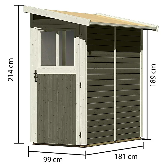 Karibu Gartenhaus Görlitz - Außenmaß inkl. Dachüberstand (B x T): 117 x 217 cm, Holz, Terragrau - Bild einer Gartenlaube mit Tür und den Maßen 214 cm Höhe, 99 cm Breite und 181 cm Tiefe.