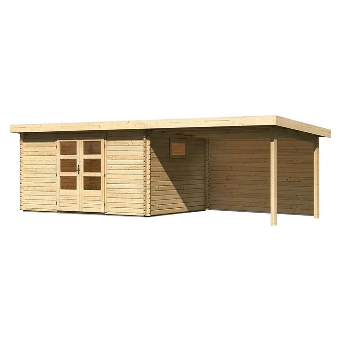 Karibu Gartenhaus Trittau 5 - Außenmaß inkl. Dachüberstand (B x T): 706 x 333 cm, Holz, Natur, Mit Seitendach & Rückwand - Ein Holzgartenhaus mit Doppeltür und überdachter Terrasse. Ideal für den Garten, um Geräte zu lagern oder als Unterstand.
