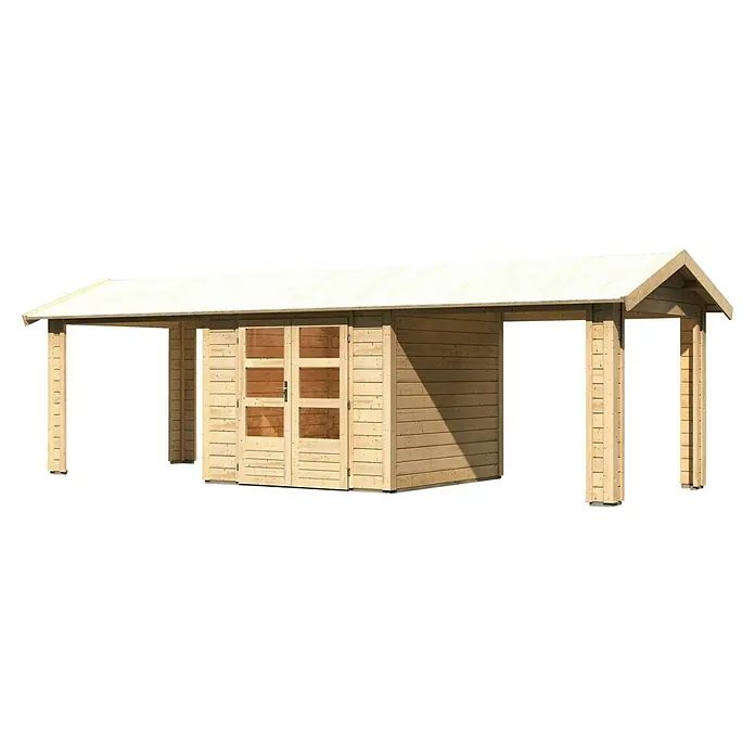 Karibu Gartenhaus Theres - Außenmaß inkl. Dachüberstand (B x T): 767 x 288 cm, Holz, Natur - Dieses Bild zeigt eine moderne Gartenlaube mit Flachdach, Holzwänden und verglasten Doppeltüren, ideal für Entspannung im Freien.