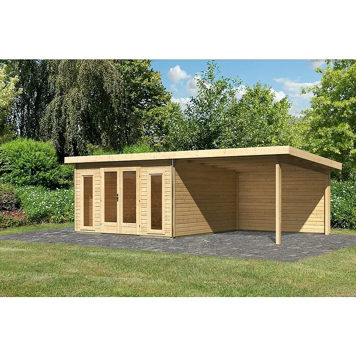 Karibu Gartenhaus Radeburg 3Außenmaß inkl. Dachüberstand (B x T): 724 x 393 cm, Holz, Natur, Mit Seitendach und Rückwand - Holzgartenhaus mit Flachdach und Doppeltür. Ideal als Gerätehaus oder für gemütliche Stunden im Freien. Robuste Bauweise für lange Lebensdauer.