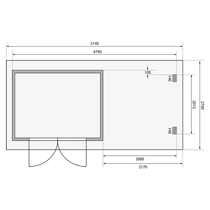 Karibu Gartenhaus Bastrup 3 - Außenmaß inkl. Dachüberstand (B x T): 514 x 273 cm, Holz, Natur, Mit Seitendach und Rückwand - Grundrisszeichnung eines Hauses mit Bemaßungen. Detaillierte Darstellung der Raumaufteilung und Größenangaben für Bauplanung und Design.
