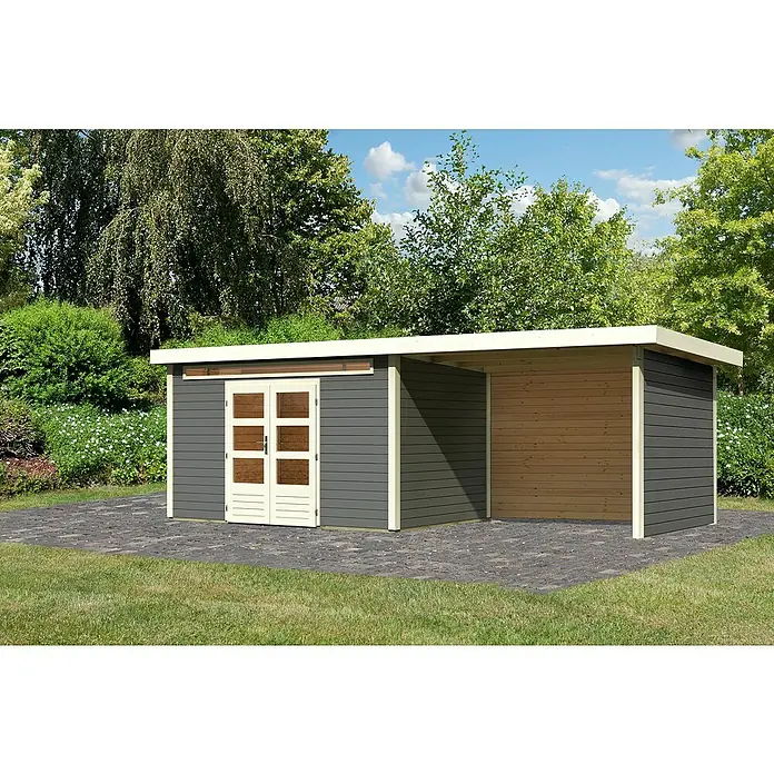 Karibu Gartenhaus Kandern 7 - Außenmaß inkl. Dachüberstand (B x T): 702 x 273 cm, Holz, Terragrau, Mit Seitendach, Rück- und Seitenwand - Abbildung eines modernen Gartenhauses mit Flachdach, grauer Holzverkleidung und Doppeltür, ideal für die Aufbewahrung von Gartengeräten.