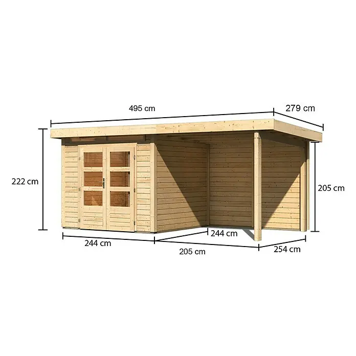 Karibu Gartenhaus Kandern 3 - Außenmaß inkl. Dachüberstand (B x T): 495 x 273 cm, Holz, Natur - Bild einer Gartenhütte aus Holz mit Maßen, die die Höhe, Breite und Länge des Produkts zeigen.