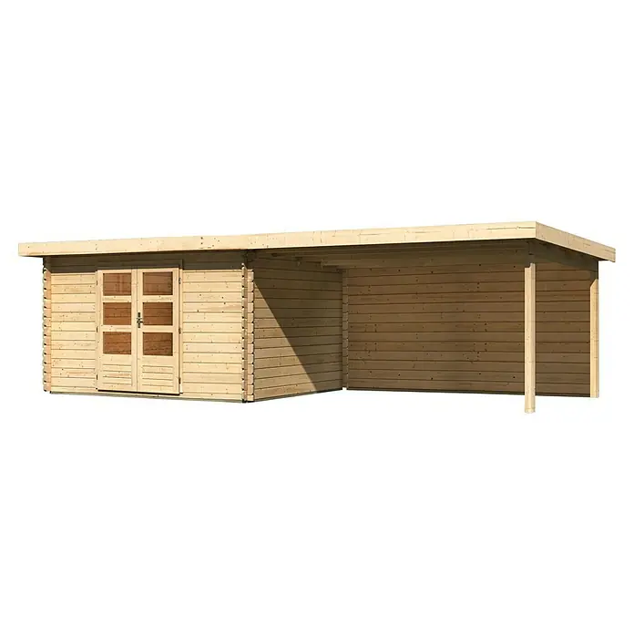 Karibu Gartenhaus Bastrup 7 - Außenmaß inkl. Dachüberstand (B x T): 774 x 333 cm, Holz, Natur, Mit Seitendach und Rückwand - Holzgartenhaus mit überdachter Veranda, ideal für entspannte Stunden im Freien. Die Blockbohlenbauweise sorgt für eine gemütliche Atmosphäre.