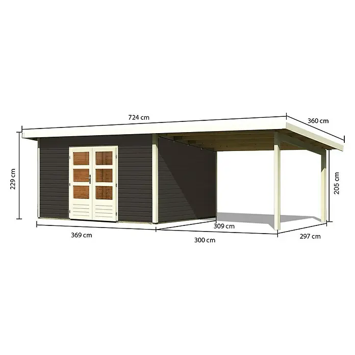 Karibu Gartenhaus Northeim 4 - Außenmaß inkl. Dachüberstand (B x T): 724 x 331,5 cm, Holz, Terragrau, Mit Seitendach - Ansicht eines Gartenhauses mit Abmessungen, das Design und die Größe des Produkts hervorhebt.