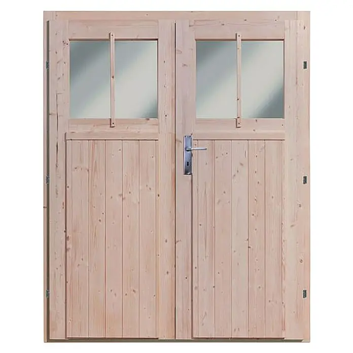Karibu Gartenhaus Wandlitz 2 - Außenmaß inkl. Dachüberstand (B x T): 200 x 232 cm, Holz, Natur - Helle Holztüren mit Fensterrahmen. Ideal für Gartenhäuser oder als Nebeneingang, diese Doppeltür verbindet Funktion mit rustikalem Charme.