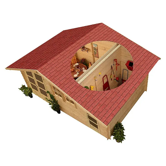 Karibu Gartenhaus Lagor - Außenmaß inkl. Dachüberstand (B x T): 526 x 390 cm, Holz, Natur - Einblick in ein Gartenhaus mit rotem Dach, das halb Werkzeuglager und halb gemütlicher Essbereich ist.