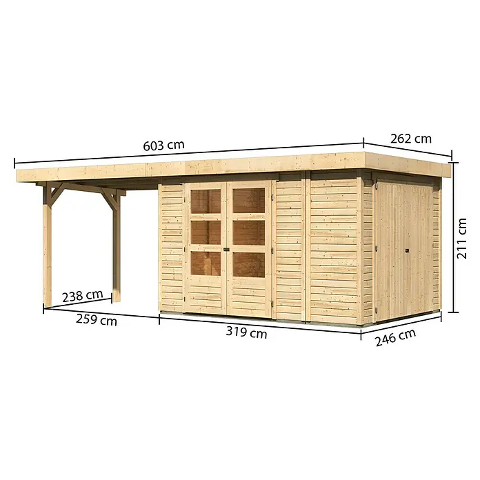 Karibu Gartenhaus Retola 4 - Außenmaß inkl. Dachüberstand (B x T): 603,5 x 262 cm, Holz, Natur - Ansicht eines Gartenhauses mit den Maßen 603 cm Länge, 262 cm Breite und 211 cm Höhe. Inklusive Vordach mit 238 cm Länge.