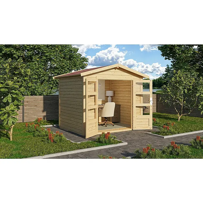 Karibu Gartenhaus Talkau 3 - Außenmaß inkl. Dachüberstand (B x T): 270 x 234 cm, Holz, Natur - Ein helles Holzgartenhaus mit offenen Türen und Büromöbeln im Inneren, umgeben von einer gepflasterten Terrasse und üppigem Grün.