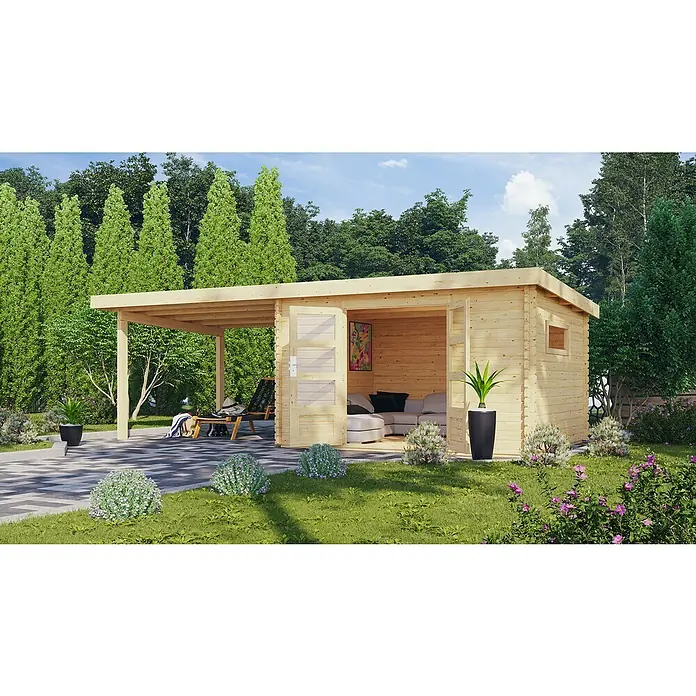 Karibu GartenhausAußenmaß inkl. Dachüberstand (B x T): 706 x 333 cm, Holz, Natur, Mit Seitendach - Einladendes Holzgartenhaus mit überdachter Veranda, ideal zum Entspannen im Freien und Genießen der Natur im eigenen Garten.