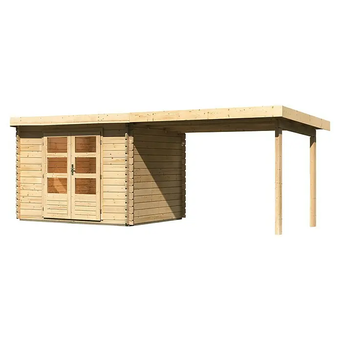 Karibu Gartenhaus Bastrup 3 - Außenmaß inkl. Dachüberstand (B x T): 614 x 273 cm, Holz, Natur, Mit Seitendach - Das Foto zeigt ein Holzgartenhaus mit einem überdachten Bereich, ideal für Lagerung oder als Unterstand im Freien. Die Konstruktion bietet Schutz und Funktionalität.