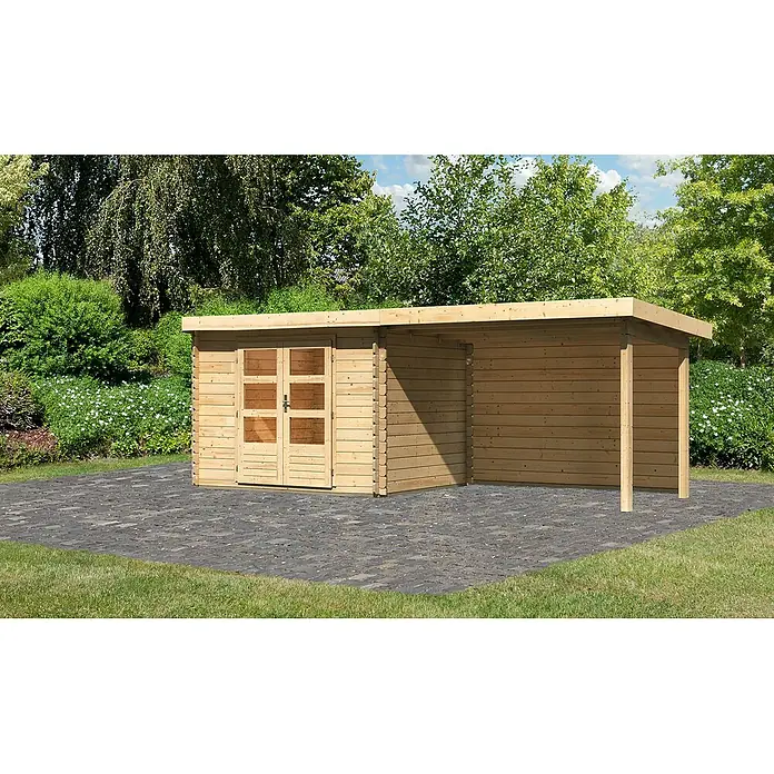 Karibu Gartenhaus Bastrup 3 - Außenmaß inkl. Dachüberstand (B x T): 614 x 273 cm, Holz, Natur, Mit Seitendach und Rückwand - Außenaufnahme eines Holzgartenschuppens mit Doppelglastür und kleinem Vordach im Garten.