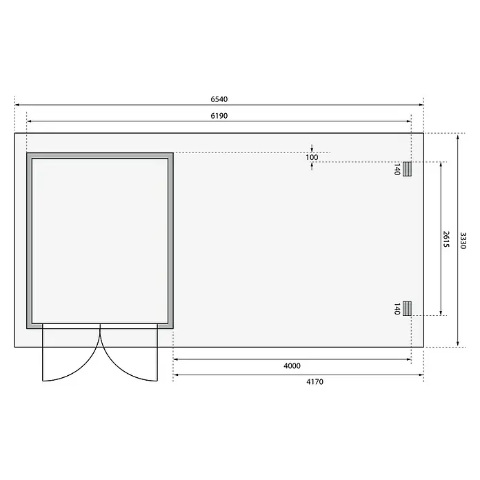 Karibu Gartenhaus Bastrup 4 - Außenmaß inkl. Dachüberstand (B x T): 654 x 333 cm, Holz, Natur, Mit Seitendach und Rückwand - Grundriss eines Hauses mit Abmessungen.