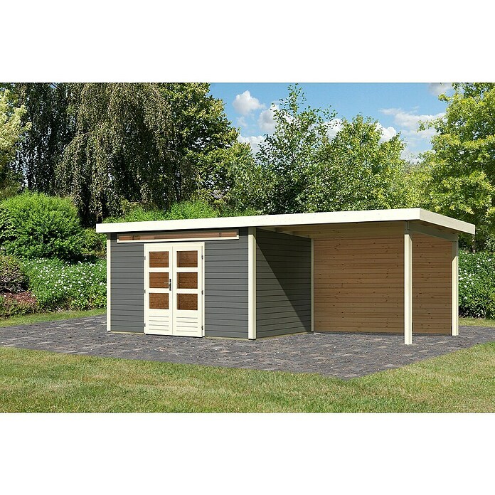 Karibu Gartenhaus Kandern 7 (Außenmaß inkl. Dachüberstand (B x T): 702 x 273 cm, Holz, Terragrau, Mit Seitendach und Rückwand) | BAUHAUS