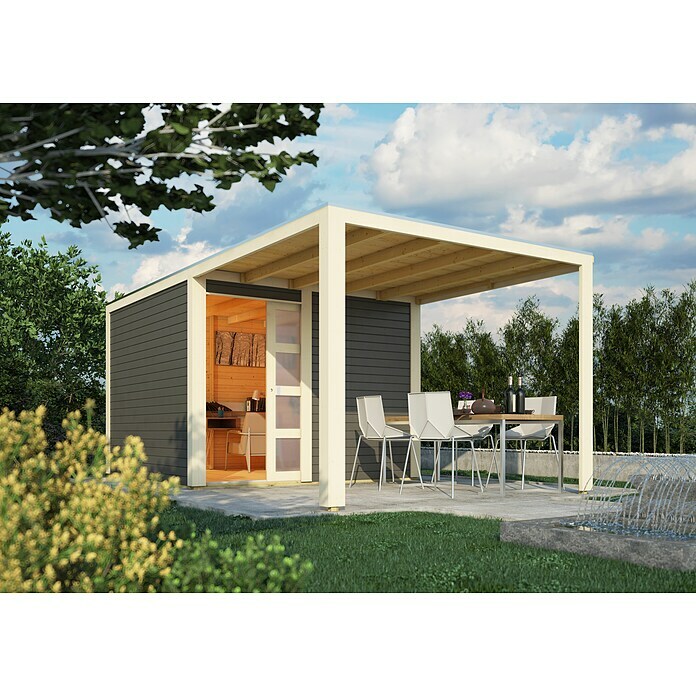 Karibu Gartenhaus Qubic 2 (Außenmaß inkl. Dachüberstand (B x T): 542,5 x 276 cm, Holz, Terragrau, Mit Seitendach) | BAUHAUS