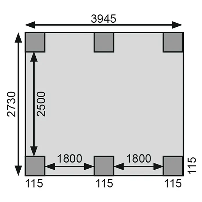 Karibu Gartenhaus Pluto 3 B - Außenmaß inkl. Dachüberstand (B x T): 561 x 266 cm, Holz, Terragrau/Anthrazit - Schematische Darstellung einer Struktur mit den Maßen 3945 x 2730 und hervorgehobenen Abständen von 1800 und 115.