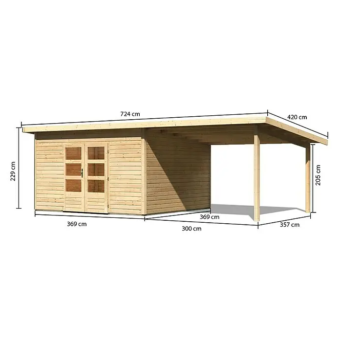 Karibu Gartenhaus Northeim 5 - Außenmaß inkl. Dachüberstand (B x T): 724 x 393 cm, Holz, Natur, Mit Seitendach - Abbildung einer Holzgartenhütte mit Vordach, inklusive Maßangaben für Höhe, Breite und Tiefe zur detaillierten Ansicht des Artikels.