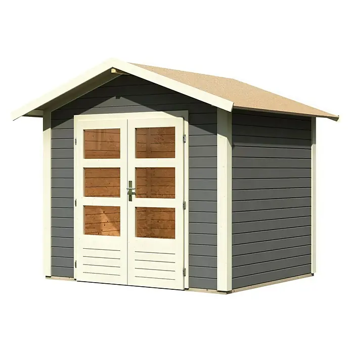 Karibu Gartenhaus Berlo 1 - Außenmaß inkl. Dachüberstand (B x T): 270 x 234 cm, Holz, Terragrau - Ein graues Gartenhaus mit Doppeltür und hellen Zierleisten unter einem hellen Dach. Das Gartenhaus bietet Stauraum im Garten.